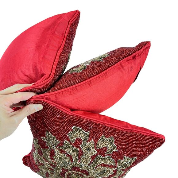 x3 Pier 1 Red Satin Heavily Beaded Geometric Snowflake Festive Pillows Holiday - Picture 7 of 12
